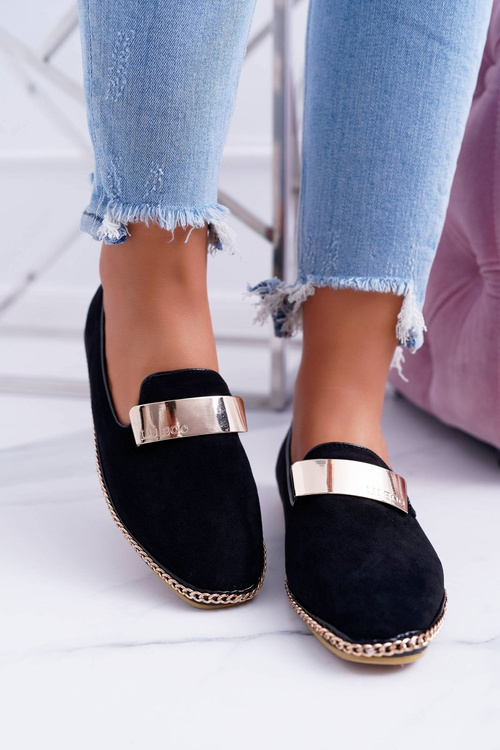 Women's Lu Boo Black Gold Chain Panama Moccasins