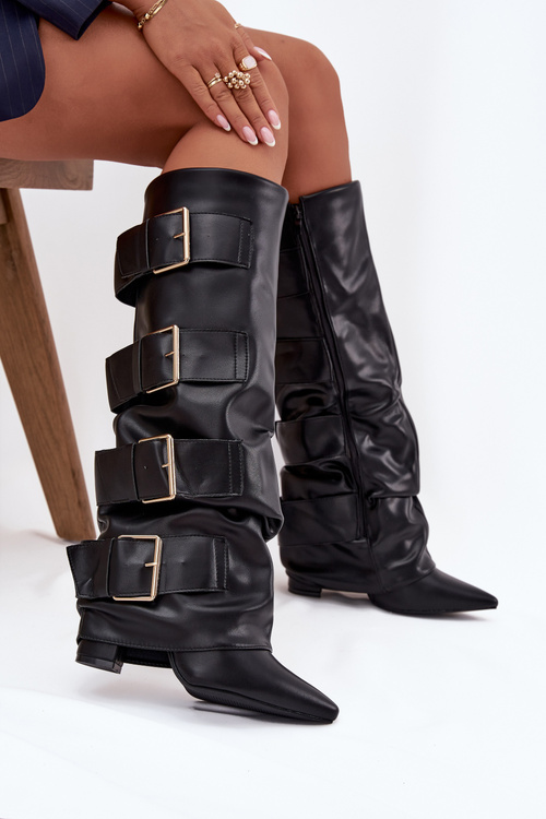 Women's heeled boots with turned upper and gold buckles Black Isavelle