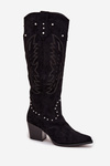 Women's Leather Cowboy Boots With Embellishment On Heel Black Darella