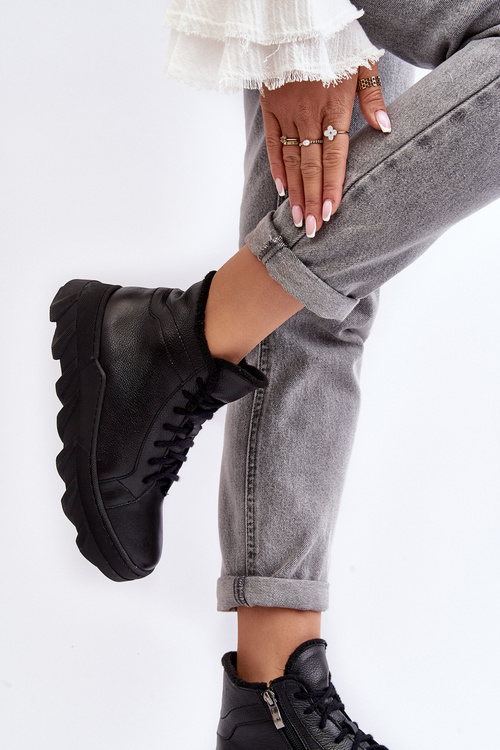 Women's Leather Platform Boots with Fleece Lining Black Lemar Jevette