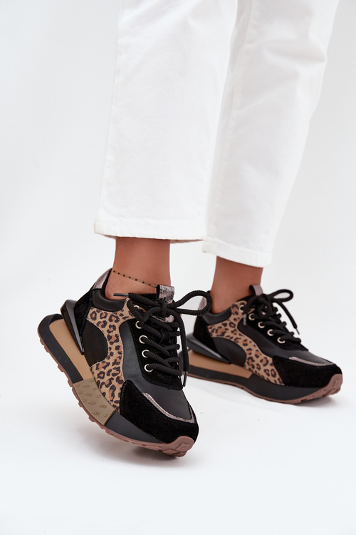 Damskie Sneakersy Skóra Naturalna Platforma Panterka Czarne Artiker 55C0134