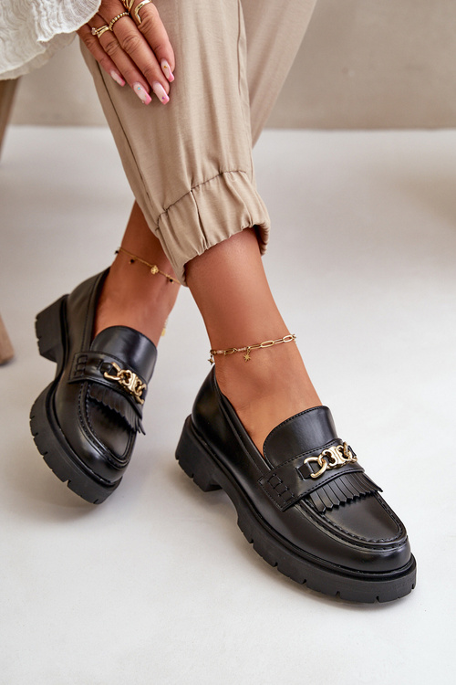 Damskie Mokasyny Eko Skórzane Ozdoba Złota Ozdoba Czarne Zanita