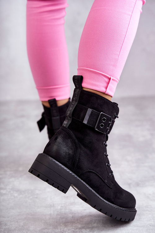 Women's Lace-up Suede Flat Heel Boots Black Firmina