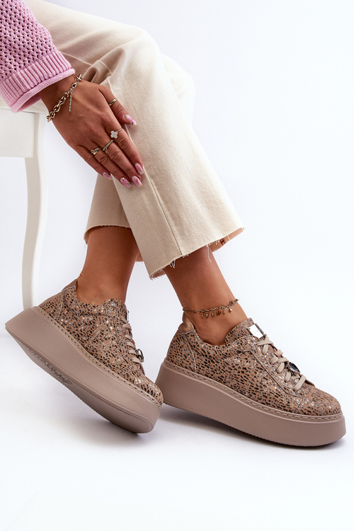 Buty Sportowe Skóra Platforma Maciejka 06191-10 Beżowe