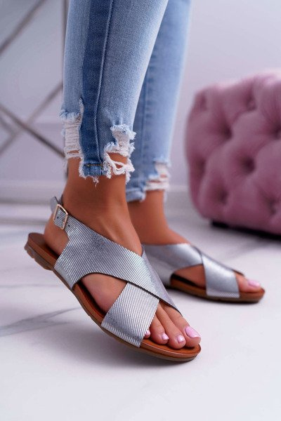Laura Messi Silver 1960 Women's Flat Leather Sandals.