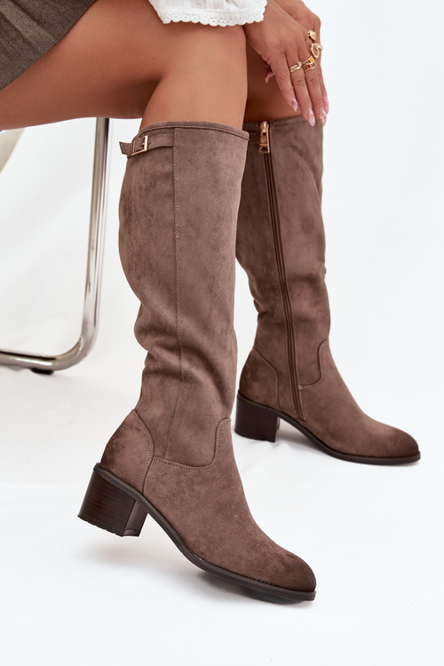 Knee-high eco suede boots on a heel Vinceza 58332 dark beige