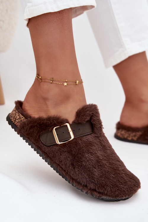 Faux fur women's slippers on a platform with a strap and buckle brown Noraline