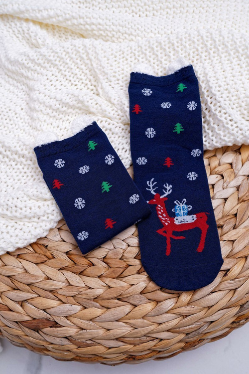 Women's Christmas Socks Navy Blue With Ears and a Reindeer