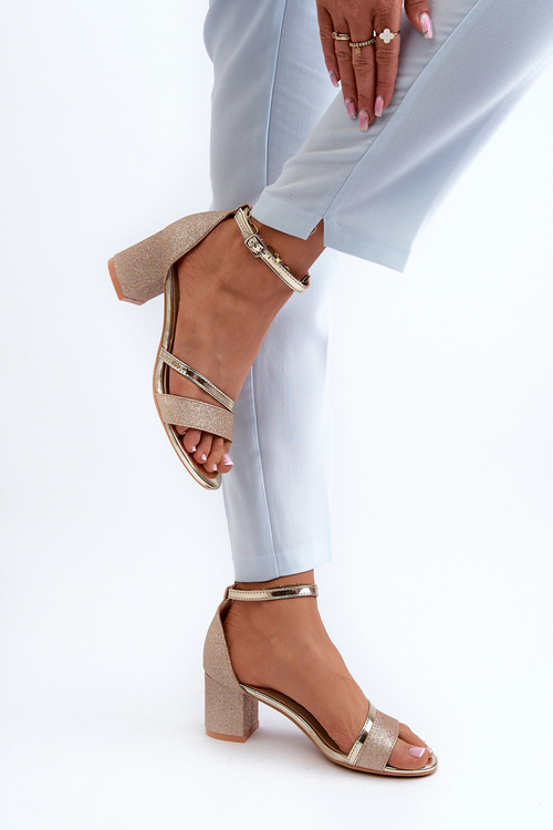 Sandały Damskie Brokatowe Niski Słupek Złote Ploemis 20244