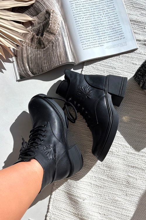 Damskie Botki Skóra Naturalna Ocieplane Obcas Klocek Czarne Vinceza 39950