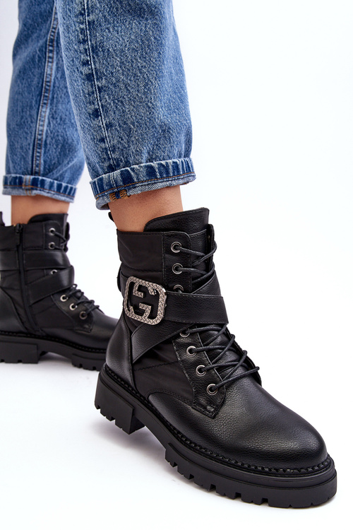 Gennee Leather Black Workery Boots with Chain