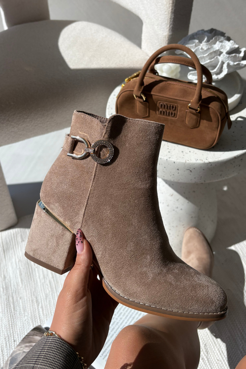 Damskie Ocieplane Botki Złote Detale Obcas Słupek Beżowe Dorisse