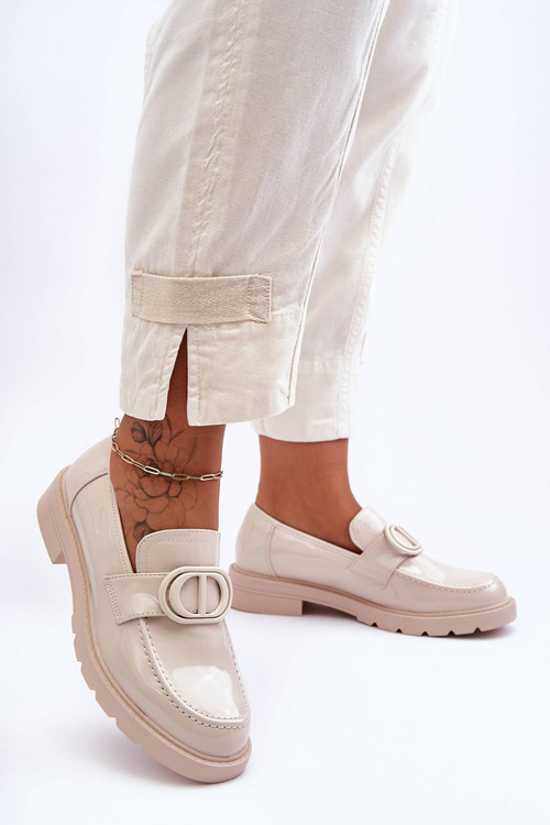 Mokasyny Damskie Lakierowane Platforma Beżowe Jarren DES939M