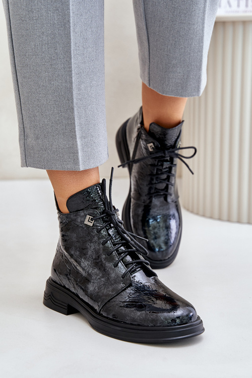 Leather Patent Women's Ankle Boots Insulated With Zipper D&A LZ42-042 Black-Gray