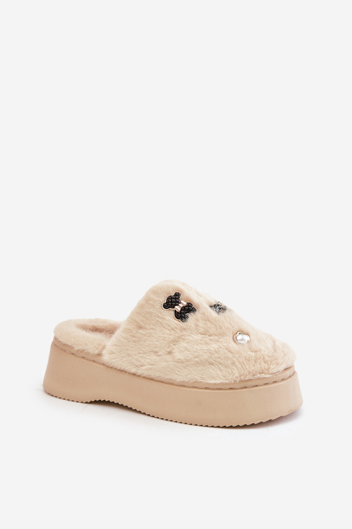 Kapcie Z Przypinkami Futrzane Na Grubej Podeszwie Beżowe Zintoria