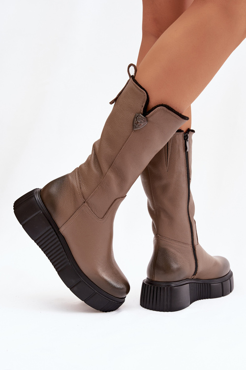 Zazoo 70121 Leather Women's Boots With Wool Dark Beige