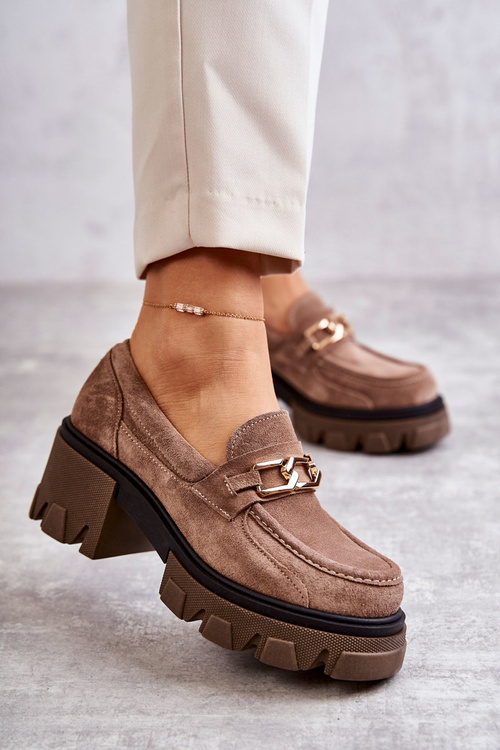 Półbuty Zamsz Obcas Złota Ozdoba Brązowe Lemar Lurdes