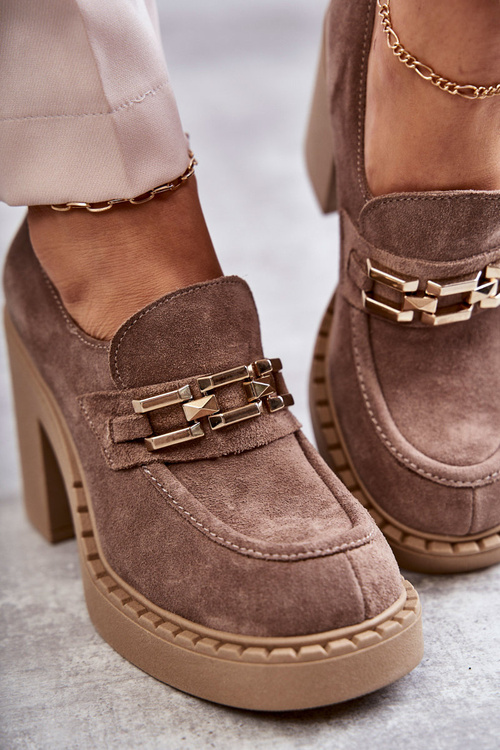 Półbuty Zamsz Masywny Słupek Beżowe Lemar Jaime