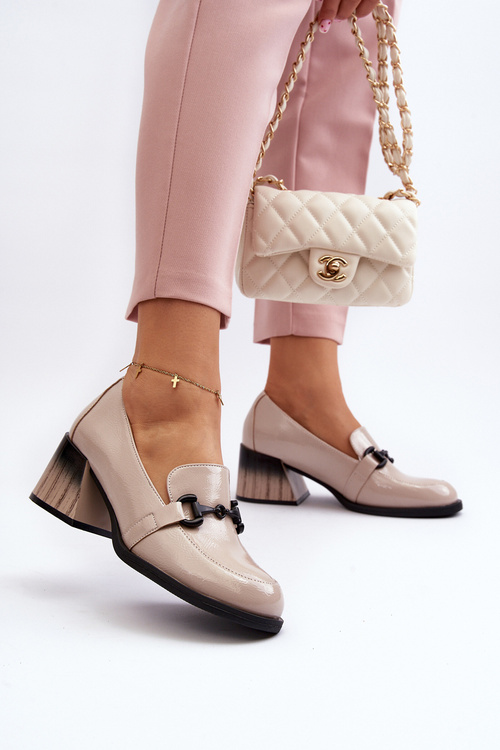 Półbuty Lakierowane Obcas Beżowe Nireva 58309