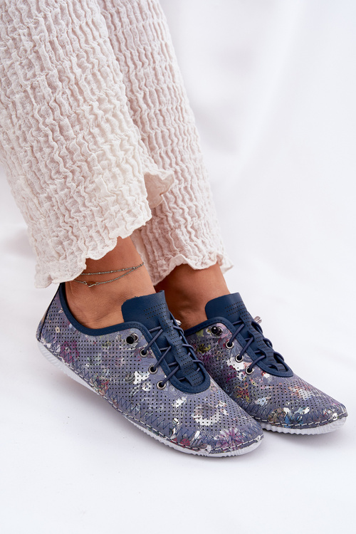 Ladies Leather Derby Shoes Made Of Natural Leather Patterned Artiker 56C2691 Blue