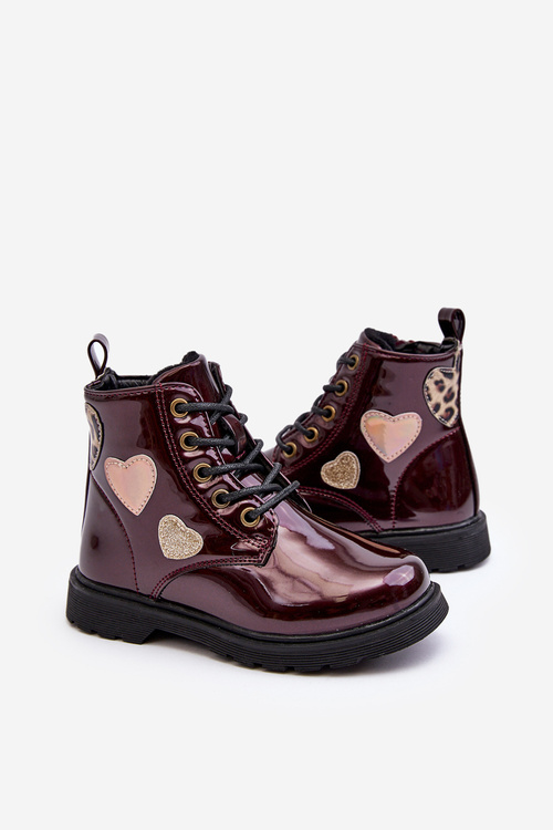 Burgundy patent leather boots with decorations for children Adete