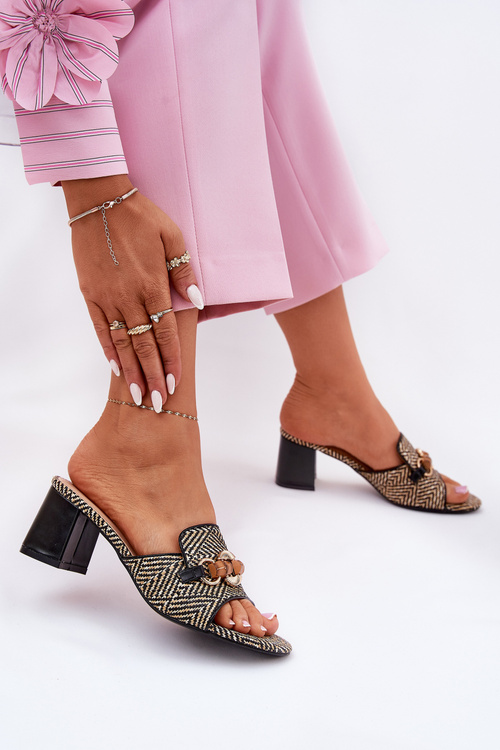 Damskie Klapki Z Ozdobą Na Obcasie Czarne Ovittole