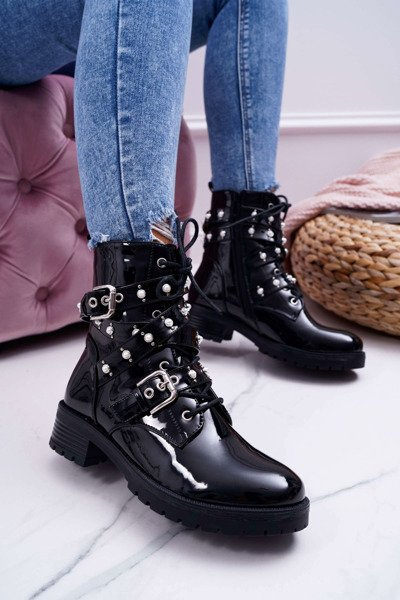 Women's Flat Lacquered Boots With Pearls Black Domination