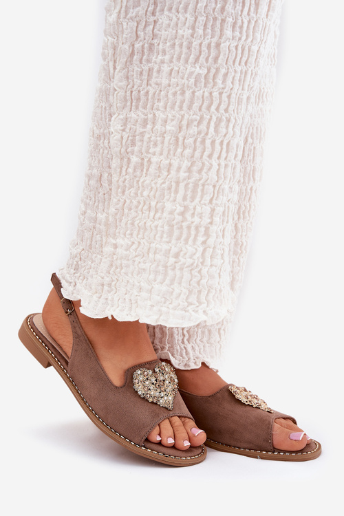 Sandały Damskie Płaskie Ozdobne Serce Ciemnobeżowe S.Barski KV27-018