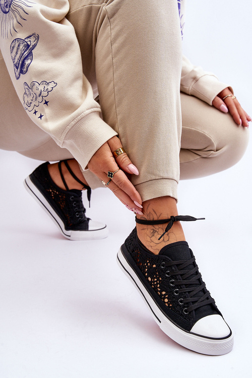 Trampki Damskie Ażur Materiał Czarne Fergo