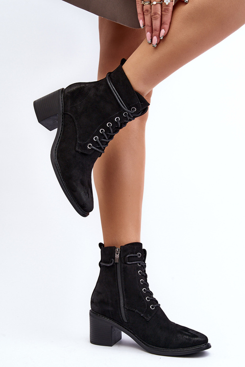 Women's Low Heel Lace-up Black Ankle Boots Serellia