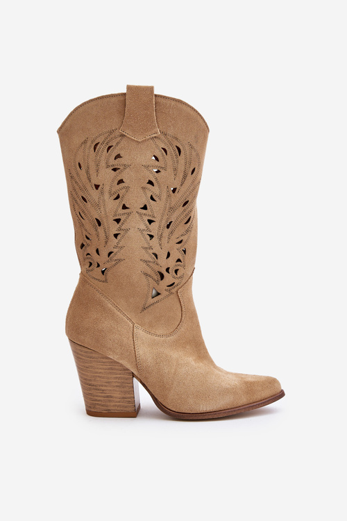 Kozaki Ażurowe Zamszowe Na Słupku Do Połowy Łydki Beżowe Lewski 3609