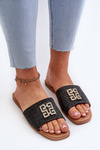 Flat Women's Sandals with Weave and Decoration Black Omenna