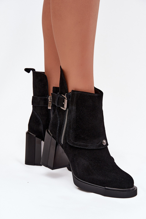 Ankle boots made of genuine suede on a heel with a buckle Vinceza 91152 Black