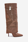 Embellished Slip-On Stiletto Boots with Turned Cuff Brown Enathlin