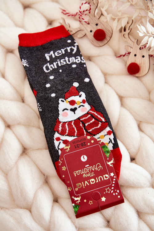 Skarpetki Dziecięce "Merry Christmas" Misiu Szaro-Czerwone
