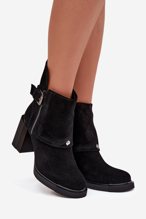 Ankle boots made of genuine suede on a heel with a buckle Vinceza 91152 Black