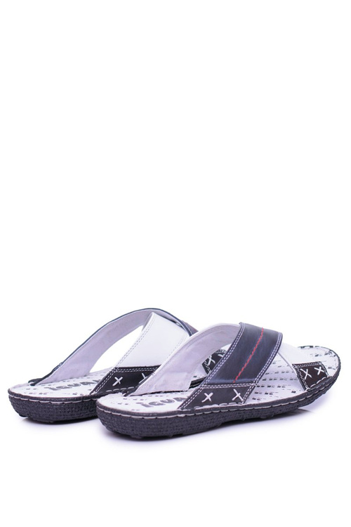 Granatowe Lekkie Skórzane Męskie Klapki Okay