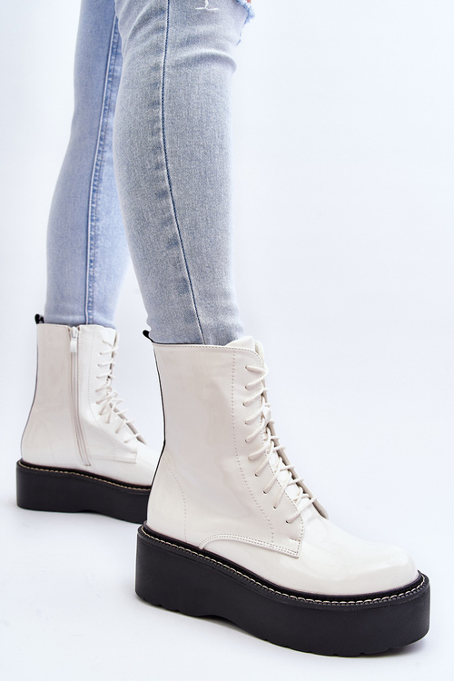 Women's White Patent Leather Boots with Chunky Sole Movana