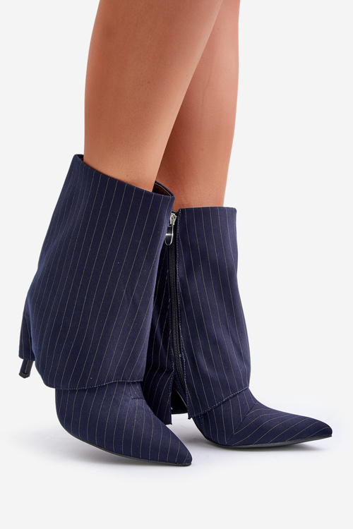 Women's Striped Stiletto Ankle Boots With Rolled Shaft And Pointed Toes Navy Naritua