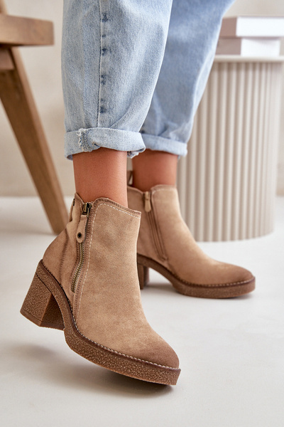 Lined Women's Ankle Boots with Block Heel in Beige Velarilla