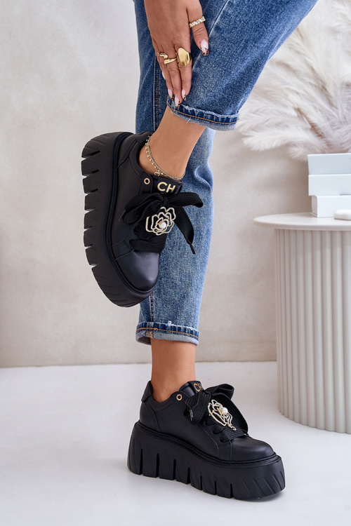 Women's Sneakers on a Chunky Sole with Gold Decoration CheBello 4530 Black