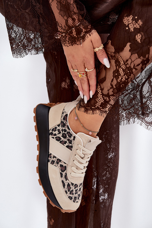 Sneakersy Damskie Zamszowe Platforma Panterka Beżowe Vinceza 66793