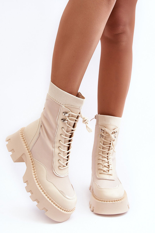 Botki Workery Sznurowane Masywne Beżowe Seloma JJ22