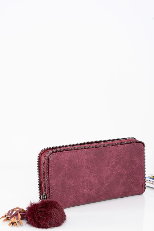Women's Large Wallet Red Ornamental Lock Keyring Pompon Maroon