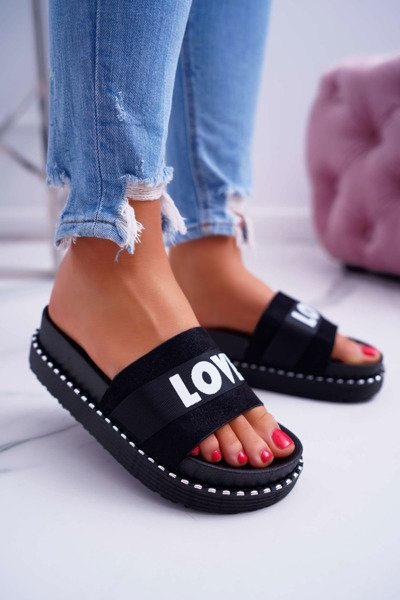 Women's Platform Flip Flops With Rhinestones Love Black MoreLove