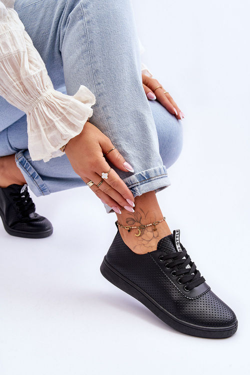 Women's Openwork Lace-up Sneakers Black Carinel