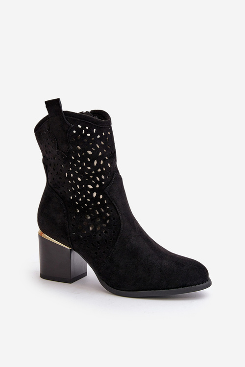 Botki Z Eko Zamszu Zapinane Na Zamek Ażurowe Na Słupku Czarne Sevana