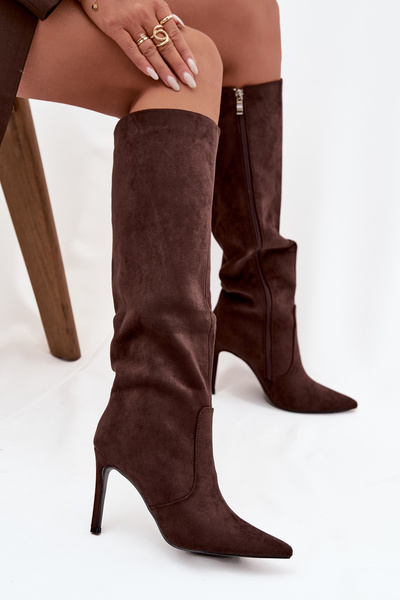 Eko Zamszowe Ocieplane Kozaki Damskie Na Szpilce Czekoladowe Rosavine