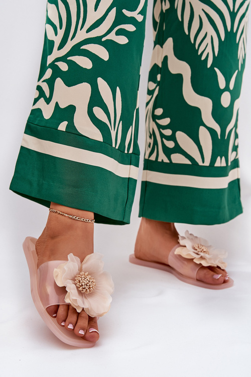 Klapki Damskie Ze Sztucznym Kwiatem Transparentne Płaskie Nude Vobetta