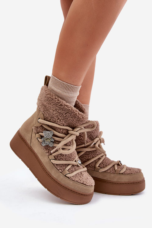 Damskie Śniegowce Na Platformie Z Przypinkami I Futerkiem Brązowe Almatiza